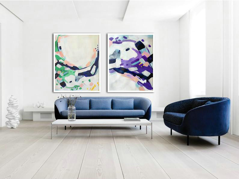 Large Abstract Painting On Canvas,Set Of 2 Abstract Painting On Canvas,Canvas Wall Art White.Dark Blue,Green,Purple
